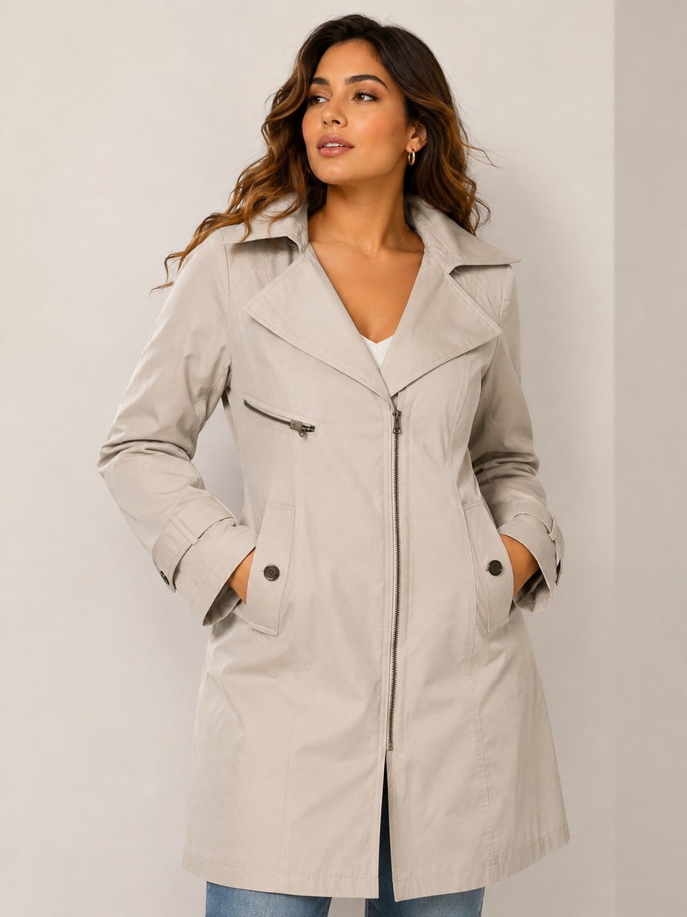 Marc New York Andrew Marc Trench Coat Women M Beige Luxury Zip Jacket
Marc
